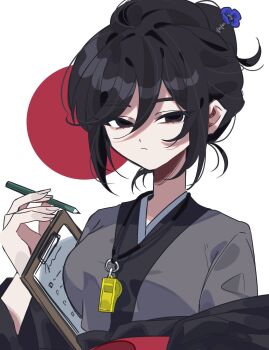 Rule 34 | 1girl, black hair, inazuma eleven (series), inazuma eleven victory road, japanese clothes, looking at viewer, paper, pencil, seikawa1110, shimada maina, simple background, solo, twitter, white background