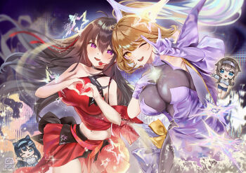 4girls absurdres ahoge anis_(nikke) anis_(star)_(starlight)_(nikke) aqua_headband asymmetrical_gloves bare_shoulders black_hair blue_eyes blue_headband blue_shorts blush bodystocking breasts brown_eyes brown_hair choker commentary d_plan denim denim_shorts dress earpiece elbow_gloves english_commentary fingerless_gloves fish_hair_ornament gloves goddess_of_victory:_nikke gradient_hair grey_bodystocking grey_hair hair_between_eyes hair_ornament hairband headband headset heart heart_hands highres idol_clothes large_breasts long_hair looking_at_viewer midriff mint_(nikke) multicolored_hair multiple_girls navel official_alternate_costume one_eye_closed open_mouth ponytail pretty_(nikke) prika_(nikke) purple_dress purple_eyes purple_gloves red_shirt red_skirt see-through_bodystocking see-through_cleavage see-through_clothes shirt shorts single_elbow_glove skirt smile star-shaped_pupils star_(symbol) symbol-shaped_pupils t.t._star_(nikke) tank_top teeth upper_teeth_only v very_long_hair white_headband white_tank_top