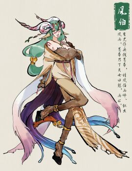 1girl :d absurdres anklet bleach bracelet braised_goose breasts brown_fur chinese_clothes cleavage curled_horns earrings facial_mark faun full_body green_hair hair_between_eyes hair_ornament hand_on_own_chest highres hooves horns japanese_clothes jewelry kimono large_breasts leaf_hair_ornament long_hair monster_girl multiple_horns necklace nelliel_tu_odelschwanck open_mouth pointy_ears sash shoulder_tattoo single_earring smile solo tattoo white_background yellow_eyes