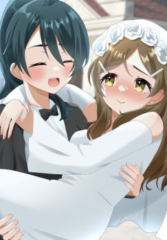 Rule 34 | 2girls, black bow, black bowtie, blush, bow, bowtie, bridal veil, brown hair, carrying, closed eyes, detached sleeves, dress, female focus, green hair, highres, long hair, momo3pengin, multiple girls, nose blush, ponytail, princess carry, saegusa wakaba, shinomiya himawari, smile, tuxedo, upper body, veil, vividred operation, wedding dress, white dress, wife and wife, yellow eyes, yuri