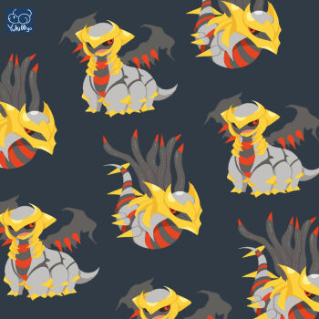 animal_focus artist_logo artist_name black_sclera closed_mouth colored_sclera commentary_request full_body gen_4_pokemon giratina giratina_(altered) giratina_(origin) legendary_pokemon logo looking_to_the_side nintendo no_humans open_mouth patterned pokemon pokemon_(creature) red_eyes simple_background smile solo standing yuki00yo