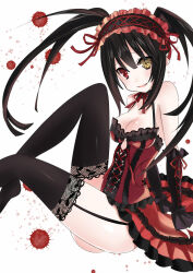 Rule 34 | 1girl, bare shoulders, black hair, breasts, clock eyes, date a live, dress, garter straps, hairband, heterochromia, lolita fashion, lolita hairband, looking at viewer, medium breasts, mikan no shiru, open mouth, red dress, red eyes, smile, solo, symbol-shaped pupils, thighhighs, thighs, tokisaki kurumi, twintails, two-tone dress, yellow eyes