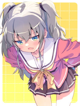 1girl akayama_yukihe black_shirt blue_eyes blush border bow bowtie charlotte_(anime) commentary_request cowboy_shot fang foreshortening frown grey_hair hair_between_eyes hands_on_own_hips highres hoshinoumi_academy_school_uniform jitome leaning_forward long_hair long_sleeves looking_at_viewer miniskirt open_mouth outside_border pleated_skirt red_shirt sailor_collar school_uniform serafuku shirt sidelocks simple_background skin_fang skirt solo tomori_nao two_side_up v-shaped_eyebrows white_border white_sailor_collar yellow_background yellow_bow yellow_bowtie