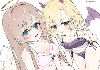 2girls :3 :d absurdres angel angel_wings babydoll black_bow black_bra black_panties blonde_hair blue_eyes blush bow bow_bra bra braid breasts brown_hair claw_pose cleavage collarbone commentary cowboy_shot demon_girl demon_horns demon_wings dutch_angle embarrassed flipped_hair frilled_bra frilled_panties frills furrowed_brow green_eyes hair_between_eyes hair_bow hair_intakes halo hand_up highres horns kariya_wakana large_breasts looking_at_viewer medium_hair multiple_girls navel official_alternate_hairstyle open_mouth panties pink_babydoll sanoba_witch shiiba_tsumugi side-tie_panties sidelocks simple_background sketch small_breasts smile smug straight_hair thighs twin_braids twitter_username tyama_taka underwear underwear_only v-shaped_eyebrows white_background white_bow wings yellow_halo