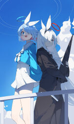 Rule 34 | 2girls, absurdres, arms behind back, arona (blue archive), black coat, black pantyhose, blue archive, blue eyes, blue hair, blue halo, blue shirt, blue sky, braid, choker, closed umbrella, cloud, coat, colored inner hair, commentary request, day, feet out of frame, feishi, hair over one eye, hair ribbon, halo, highres, holding, holding umbrella, long coat, long hair, long sleeves, looking at viewer, looking to the side, multicolored hair, multiple girls, neckerchief, one eye covered, open mouth, outdoors, pantyhose, pink hair, plana (blue archive), red halo, ribbon, school uniform, serafuku, shirt, short hair, side braid, skirt, sky, smile, standing, umbrella, very long hair, white choker, white hair, white neckerchief, white ribbon, white skirt