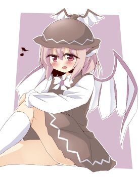 Rule 34 | 1girl, animal ears, bird ears, bird girl, bird wings, blush, border, bow, bowtie, brown dress, brown hat, commentary request, double-parted bangs, dress, dress over shirt, eighth note, feet out of frame, hair between eyes, hand on own knee, hat, highres, knee up, kneehighs, long sleeves, looking at viewer, musical note, mystia lorelei, open mouth, outline, pink hair, puffy long sleeves, puffy sleeves, purple background, red eyes, shirt, shishiky, simple background, sitting, sleeveless, sleeveless dress, smile, socks, solo, touhou, white border, white bow, white bowtie, white outline, white shirt, white socks, winged hat, wings