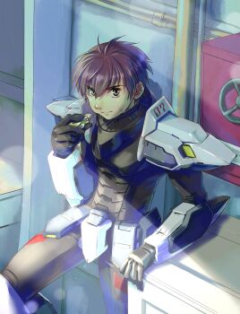 Rule 34 | 1boy, absurdres, armor, arx-7 arbalest, arx-7 arbalest (cosplay), black eyes, black gloves, brown hair, cosplay, eating, facial scar, fantasia re:build, field ration, food, full metal panic!, gloves, hair behind ear, highres, holding, holding food, leaning back, lens flare, male focus, mecha danshi, official art, power armor, sagara sousuke, scar, scar on cheek, scar on face, solo