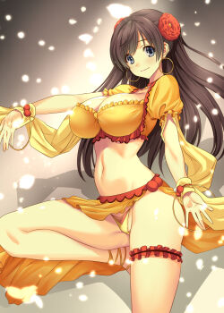 1girl belly_chain blush breasts brown_hair cleavage commentary_request dancer earrings fate/grand_order fate_(series) flower grey_eyes hair_flower hair_ornament highres hoop_earrings jewelry large_breasts long_hair looking_at_viewer mata_hari_(fate) mitarashi_kousei navel puffy_short_sleeves puffy_sleeves sarong short_sleeves smile solo thighs