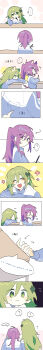 16personalities 2girls ? absurdres animal_ears blue_jacket blush cat_ears cat_tail chinese_text closed_eyes flower glasses green_eyes green_hair highres jacket logician_(16personalities) long_hair long_image mediator_(16personalities) morse_code mouyimouyi multiple_girls open_mouth purple_eyes purple_hair sidelocks simple_background smile speech_bubble sweat tail tall_image translation_request very_long_hair yellow_background yuri
