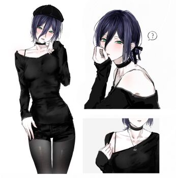 1girl ? aiomita armpits beret black_choker black_hair black_hat black_pantyhose black_ribbon black_shirt black_shorts blush bra_strap breasts chainsaw_man choker collarbone covered_erect_nipples cropped_legs cropped_torso finger_to_mouth from_side green_eyes grenade_pin hair_between_eyes hair_bun hand_on_own_face hat highres jewelry long_sleeves looking_at_viewer medium_breasts multiple_views necklace pale_skin pantyhose parted_lips pulling_own_clothes purple_hair reze_(chainsaw_man) ribbon shirt short_hair shorts simple_background single_hair_bun sleeves_past_wrists solo spoken_question_mark white_background