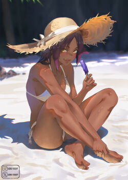 1girl absurdres armpit_peek bare_arms bare_back bare_legs bare_shoulders barefoot beach bikini bleach blush breasts collarbone dark-skinned_female dark_skin fangs food groin hand_on_own_ankle hat hat_ribbon highres holding holding_food holding_popsicle instagram_username izei1337 large_breasts large_hat legs lipgloss lips long_hair looking_at_viewer mature_female midriff midriff_peek open_mouth popsicle purple_hair red_lips ribbon sand sand_on_skin shihouin_yoruichi sideboob sidelocks sitting smile solo straw_hat swimsuit thighs toned toned_female tree twitter_username white_bikini white_ribbon yellow_eyes