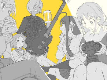 Rule 34 | 5girls, ahoge, awa subaru, bass guitar, beer can, beer mug, black jacket, black shorts, blush, camera, can, commentary, cup, drink can, drinking, ebizuka tomo, girls band cry, hair between eyes, highres, hitobashira (1746164306), holding, holding bass guitar, holding camera, holding can, holding instrument, instrument, iseri nina, jacket, jewelry, kawaragi momoka, long hair, long hair between eyes, low twintails, military jacket, mole, mole under eye, monochrome, mug, multiple girls, necklace, necktie, pleated skirt, rupa (girls band cry), short hair, shorts, skirt, smile, twintails, yellow background