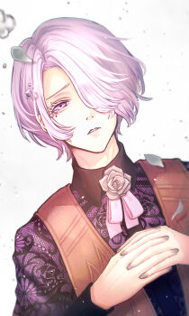 Rule 34 | 1boy, eyelashes, floral print, flower, hair over one eye, hito barahiko, kemono jihen, male focus, mole, mole under eye, parted lips, petals, purple eyes, rose, rose print, shireru illust, short hair, solo, tears, vest