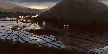 absurdres chinese_commentary city_lights commentary_request evening forest hibiki.l highres hill landscape nature no_humans original outdoors reflection reflective_liquid rice_paddy rural scenery variant_set water