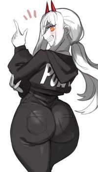 0lightsource 1girl absurdres ass chainsaw_man cross-shaped_pupils demon_horns greyscale high-waist_pants highres hood hoodie horns huge_ass index_finger_raised looking_at_viewer looking_back low_twintails monochrome pants pantylines power_(chainsaw_man) red_horns sharp_teeth solo spot_color symbol-shaped_pupils teeth twintails wide_hips yellow_eyes