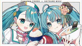 Rule 34 | 2girls, aqua eyes, aqua hair, aqua nails, beret, bow, bowl, closed mouth, commentary request, cropped jacket, diamond hair ornament, dual persona, fingernails, food, food-themed hair ornament, hair between eyes, hair ornament, hat, hatsune miku, highres, holding, holding bowl, jacket, kitton (hekiku13), light blush, long hair, looking at viewer, magical mirai (vocaloid), magical mirai miku, magical mirai miku (2024), multiple girls, nail polish, noodles, official alternate costume, open mouth, pink bow, pink nails, ramen, rice, rice bowl, smile, twintails, very long hair, vocaloid, white hat, white jacket