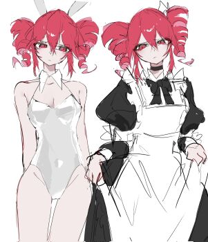 1girl animal_ears apron arms_behind_back black_bow black_bowtie black_choker black_dress bow bowtie choker closed_mouth detached_collar dress drill_hair embarrassed fake_animal_ears frilled_apron frills frown furrowed_brow hair_between_eyes hair_ribbon highleg highleg_leotard highres kasane_teto kasane_teto_(sv) leotard long_sleeves looking_at_viewer rabbit_ears red_eyes red_hair ribbon short_hair simple_background skirt_hold strapless strapless_leotard sweatdrop synthesizer_v twin_drills ummwa white_apron white_background white_leotard white_ribbon