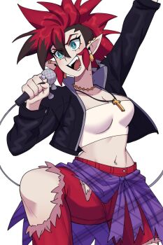 1girl aqua_eyes arm_up bite_mark bite_mark_on_neck black_jacket black_nails blush breasts bright_pupils brown_hair cleavage commentary crop_top cross cross_necklace ear_piercing earrings english_commentary eyelashes fangs highres holding holding_microphone jacket jewelry leather leather_jacket maejpg microphone midriff mohawk multicolored_hair nail_polish navel necklace open_clothes open_jacket open_mouth original pants piercing red_hair red_pants shirt simple_background smile solo spikes torn_clothes torn_pants two-tone_hair vampire white_background white_pupils white_shirt