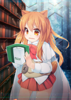 1girl animal_ears blush bookshelf box brown_shirt button cape dog_days dog_ears dog_tail fang hair_between_eyes library long_hair open_mouth orange_hair red_ribbon red_skirt ribbon ricotta_elmar shirt skirt sweater_vest tail torii_(kedamatori) very_long_hair yellow_eyes