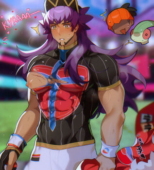 2boys bara bare_pectorals beard black_gloves black_hair black_shirt blush cape chariko clenched_teeth commentary cuts dark-skinned_male dark_skin dynamax_band earrings facial_hair fang flygon fur-trimmed_cape fur_trim gen_3_pokemon gloves gushing hat headband heart holding holding_poke_ball holding_unworn_cape holding_unworn_clothes injury jewelry leon_(pokemon) long_hair looking_at_chest looking_down male_focus multicolored_gloves multicolored_shirt multiple_boys nervous nervous_smile nervous_sweating newsboy_cap nintendo nipple_slip nipples one_glove orange_headband outdoors partially_fingerless_gloves pectorals poke_ball pokemon pokemon_swsh purple_hair raihan_(pokemon) red_caoe shirt short_hair short_sleeves shorts single_glove skin_fang skin_tight smile striped_clothes striped_shirt surprised sweat teeth torn_clothes torn_shirt turtleneck turtleneck_shirt unworn_cape white_shorts wristband yellow_eyes yellow_gloves