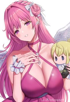 1girl angel_wings artist_name bare_shoulders braid breasts character_doll cleavage collarbone doll dorothy_(nikke) dorothy_(nostalgia)_(nikke) dress feathered_wings goddess_of_victory:_nikke hair_bun hair_ribbon halter_dress halterneck hand_on_own_chest highres holding large_breasts long_hair nail_polish official_alternate_costume pink_dress pink_hair pink_nails pinne_(nikke) purple_eyes ribbon simple_background solo white_background white_ribbon white_wings wings yamamori_kinako