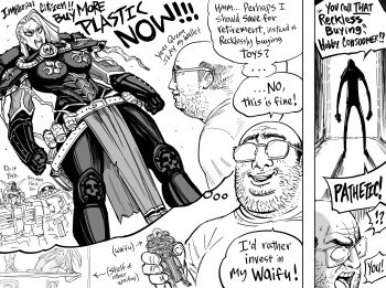 1girl 2boys 2others absurdres adepta_sororitas armor bald bb_(baalbuddy) beard coomer_(meme) english_text facial_hair fat fat_man glasses gundam gunpla highres imagining meme mobile_suit_gundam model_kit multiple_boys multiple_others original power_armor rx-78-2_gundam skinny speech_bubble surprised warhammer_40k zaku_ii