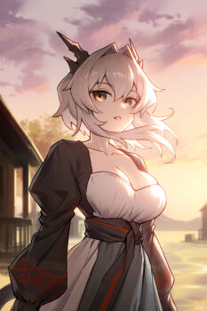 1girl absurdres arknights black_dress black_horns breasts cleavage cloud collarbone cowboy_shot day dragon_girl dragon_horns dragon_tail dress floating_hair grey_hair hair_intakes highres horns large_breasts long_hair long_sleeves looking_to_the_side lunn multicolored_dress outdoors parted_lips puffy_long_sleeves puffy_sleeves standing sunset tail talulah_(arknights) tree white_dress wind yellow_eyes