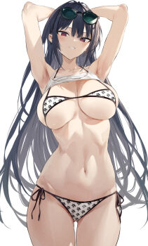 1girl armpits arms_behind_head arms_up bikini black_hair breasts cleavage clothes_lift eyewear_on_head gluteal_fold grin hair_between_eyes haite_kudasai_takamine-san hiiragi_yuuichi lifting_own_clothes long_hair looking_at_viewer midriff navel official_art print_bikini red_eyes shirt_lift side-tie_bikini_bottom simple_background skindentation smile solo sunglasses swimsuit takamine_takane tank_top thighs toned toned_female underboob very_long_hair white_background white_bikini white_tank_top
