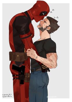 2boys arm_hair ass beard belt black_gloves black_shirt blue_pants blush bodysuit brown_hair commentary_request deadpool deadpool_&amp;_wolverine deadpool_(series) denim facial_hair gloves green_eyes heart height_difference highres hug jeans large_pectorals looking_at_another looking_down looking_up male_focus marvel marvel multiple_boys muscular open_mouth pants pectorals red_bodysuit red_mask shirt short_hair short_sleeves standing superhero_costume sweatdrop teeth utility_belt wolverine_(x-men) wonpese x-men yaoi