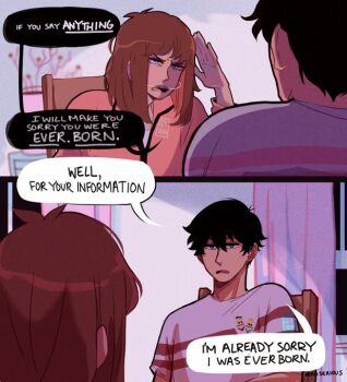 Rule 34 | 1boy, 1girl, aged up, alternate costume, black hair, braces, brother and sister, brown hair, english text, indoors, long hair, pink shirt, shelley marsh, shirt, short hair, siblings, sitting, south park, speech bubble, stan marsh, t-shirt