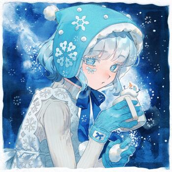1girl blue_eyes blue_hair commentary_request cup gloves harrymiao hat highres holding holding_cup looking_at_viewer original snow snowflake_print snowflake_pupils snowflakes snowing solo sweater turtleneck turtleneck_sweater upper_body winter