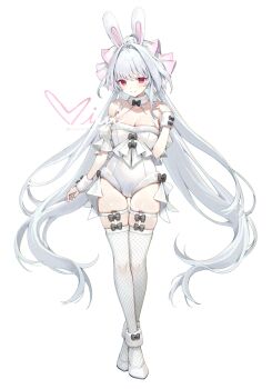 1girl ahoge animal_ears bare_shoulders blush bow bowtie breasts cleavage commentary_request fake_animal_ears fate/grand_order fate_(series) fishnet_thighhighs fishnets full_body fur_collar hair_ribbon highres lady_avalon_(fate) leotard long_hair looking_at_viewer medium_breasts merlin_(fate/prototype) playboy_bunny rabbit_ears red_eyes ribbon siiqa_vivi smile solo thighhighs twintails very_long_hair white_hair white_leotard white_thighhighs wrist_cuffs