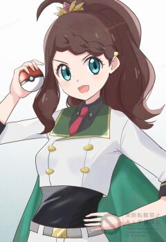 Rule 34 | 1girl, aoneko4ao (edwf7745), black bodysuit, black shirt, blue eyes, blush, bodysuit, bodysuit under clothes, braid, breasts, brown hair, cape, collared shirt, commentary request, green cape, highres, hilda (champion) (pokemon), hilda (pokemon), holding, holding poke ball, jacket, long hair, long sleeves, looking at viewer, necktie, nintendo, official alternate costume, open mouth, poke ball, poke ball (basic), pokemon, pokemon masters ex, ponytail, red necktie, shirt, shorts, simple background, small breasts, tiara, upper body, white background, white jacket, white shorts