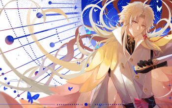 1boy absurdres antenna_hair arm_at_side baizhe_shi_tang black_gloves black_shirt blonde_hair blue_background blue_butterfly bug butterfly buttons cape chinese_commentary closed_mouth commentary_request curtained_hair dagger diamond_button expressionless feathered_cape floating_hair gloves hair_ribbon high_collar highres holding holding_dagger holding_knife holding_weapon insect jacket knife long_hair long_sleeves looking_at_viewer male_focus neck_ribbon orange_cape parted_bangs pink_eyes pink_ribbon reverse_grip ribbon shirt sidelocks solo squirrel_fish_(the_tale_of_food) sunburst the_tale_of_food tress_ribbon two-tone_cape upper_body weapon white_background white_butterfly white_jacket yellow_cape yellow_ribbon