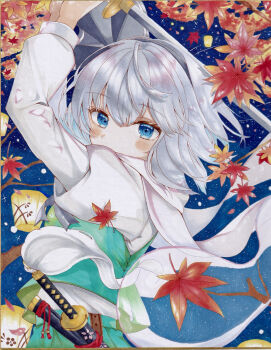 1girl absurdres autumn_leaves black_hairband blue_eyes blush commentary_request falling_leaves green_skirt green_vest grey_hair hairband highres hitodama holding holding_sword holding_weapon juliet_sleeves katana konpaku_youmu konpaku_youmu_(ghost) leaf long_sleeves looking_at_viewer puffy_sleeves ringo33757 scarf sheath sheathed shikishi shirt skirt skirt_set solo sword touhou traditional_media unsheathed vest weapon white_scarf white_shirt