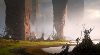 animal carving cloud cloudy_sky commentary english_commentary flock grass highres lake landscape monkey no_humans obelisk original painterly pillar raphael-lacoste scenery shore sky stick sunlight tower