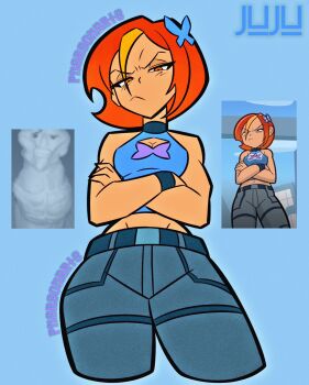1girl :< artist_request blue_background breasts butterfly_(planetronika) cleavage cleavage_cutout clothing_cutout crossed_arms curvy female_focus highres looking_at_viewer midriff navel orange_hair photo_inset planetronika short_hair solo wide_hips zoom_layer