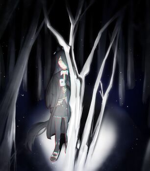 1girl absurdres animal_ears belt black_choker black_gloves black_pantyhose black_skirt choker commentary cup ear_ornament ear_tag earrings forest gloves hand_up highres holding holding_cup horse_ears horse_girl horse_tail jewelry long_hair long_sleeves looking_at_viewer manhattan_cafe_(creeping_shadow)_(umamusume) manhattan_cafe_(umamusume) mreap mug nature night pantyhose pleated_skirt single_earring skirt snow solo standing symbol-only_commentary tail umamusume very_long_hair yellow_belt yellow_eyes