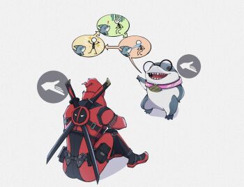 1boy collar commentary deadpool deadpool_(series) fangs glasses hand_on_own_hip highres jeff_(marvel) looking_at_another marvel marvel_rivals name_tag round_eyewear shark sitting speech_bubble standing symbol-only_commentary white_background yamuoez