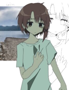 1girl asymmetrical_hair brown_eyes brown_hair closed_mouth expressionless hair_ornament hairclip highres iwakura_lain photo_background serial_experiments_lain shirt short_hair single_sidelock sketch sketch_inset solo t-shirt upper_body uuuuua07 white_background x_hair_ornament