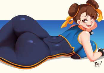 Rule 34 | 1girl, 2022, artist logo, artist name, asian, ass, ass focus, bodysuit, breast press, breasts, brown eyes, brown hair, capcom, chun-li, double bun, female focus, hair bun, huge ass, huge breasts, large breasts, logo, looking at viewer, lying, narrow waist, naughty face, on stomach, open mouth, short hair, simple background, skin tight, smile, solo, street fighter, street fighter alpha, thick thighs, thighs, tiger1001, tight clothes, variant set, wide hips