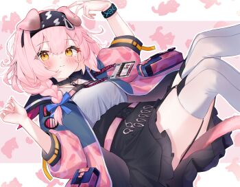 1girl animal_ears arknights black_hairband black_skirt blush border braid breasts cat_ears cat_girl cat_tail commentary_request commission eip_(pepai) feet_out_of_frame goldenglow_(arknights) hairband hands_up id_card infection_monitor_(arknights) jacket lightning_bolt_print long_sleeves looking_at_viewer medium_breasts partial_commentary patterned_background pink_background pink_hair pink_jacket pouch scissors shirt shirt_tucked_in short_hair side_braid skeb_commission skindentation skirt smile solo tail thighhighs thighs white_background white_shirt white_thighhighs yellow_eyes
