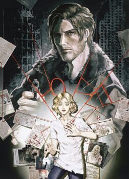 Rule 34 | 1boy, 1girl, beard, black jacket, blonde hair, blood, blood on clothes, blue eyes, bob cut, commentary, english commentary, facial hair, fur collar, grace ashcroft, gun, hair slicked back, handgun, highres, holding, holding gun, holding weapon, jacket, leon s. kennedy, male focus, overexposure, paper, photo (object), resident evil, resident evil requiem, scared, shirt, string, string of fate, t-shirt, weapon, white shirt, yujia0412