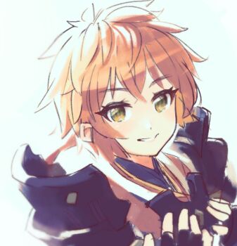 1girl armor black_gloves blue_background brown_hair fingerless_gloves gloves green_eyes hands_up japanese_clothes kimono looking_at_viewer lora_(xenoblade) pauldrons reiesu_(reis) shoulder_armor simple_background smile solo upper_body white_kimono xenoblade_chronicles_(series) xenoblade_chronicles_2 xenoblade_chronicles_2:_torna_-_the_golden_country