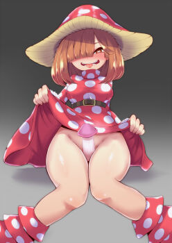 1girl belt blush bob_cut boku_no_hero_academia breasts brown_eyes brown_hair censored clothes_lift covered_pussy dress flashing fly_agaric hair_over_one_eye hat highres komori_kinoko lifting_own_clothes long_sleeves looking_at_viewer medium_hair mitsumi_(fuha-2) mushroom mushroom_hat mushroom_on_head no_panties open_mouth phallic_symbol polka_dot polka_dot_dress polka_dot_footwear polka_dot_headwear presenting red_dress skirt skirt_lift smile solo symbol-shaped_pupils thighs tongue tongue_out underbust x-shaped_pupils