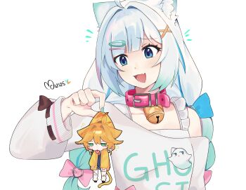 Rule 34 | 2girls, absurdres, animal ears, aqua eyes, aqua hair, aqua nails, blonde hair, blue eyes, cat ears, cat tail, collar, dokibird, dokibird (school uniform), fang, gradient hair, hair ornament, hairclip, highres, holding, holding mini person, indie virtual youtuber, kemonomimi mode, long hair, long sleeves, mini person, minigirl, mint fantome, mint fantome (otaku), mouchi (momouchie), multicolored hair, multiple girls, open mouth, pink collar, signature, simple background, skin fang, smile, tail, tongue, tongue out, upper body, virtual youtuber, white background, white hair