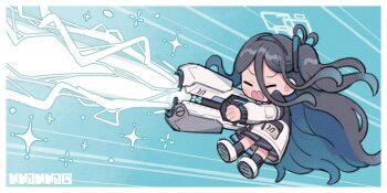 1girl absurdly_long_hair aris_(blue_archive) beam blue_archive blue_background blue_hair chibi closed_eyes dark_blue_hair hair_between_eyes halo highres jacket koru_koruno long_hair long_hair_between_eyes open_mouth railgun recoil solo very_long_hair white_jacket