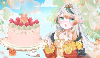 1girl aqua_eyes balloon bare_shoulders blonde_hair blue_sky brooch cake coat colored_tips commentary_request commission dress food gold_choker gradient_hair heart_balloon highres indie_virtual_youtuber jewelry kome930 long_hair middle_ring multicolored_hair off_shoulder open_clothes open_coat open_mouth orange_coat pointy_ears second-party_source sky solo tiara upper_body urushimori_hasu_(vtuber) virtual_youtuber white_dress white_hair