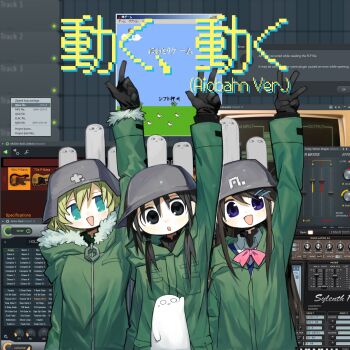 3girls :d :o aiobahn album_cover arm_up black_eyes black_gloves black_hair blonde_hair blue_eyes brodie_helmet chito_(shoujo_shuumatsu_ryokou) coat combat_helmet cosplay cover fur_trim gloves green_coat hair_ornament hairclip helmet highres index_finger_raised kokaki_mumose long_hair long_sleeves low_twintails microsoft_windows multiple_girls nuko_(shoujo_shuumatsu_ryokou) open_mouth second-party_source shoujo_shuumatsu_ryokou smile song_name translation_request twintails upper_body user_interface window_(computing) windows_2000 windows_classic yuuri_(shoujo_shuumatsu_ryokou)