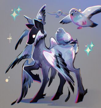 Rule 34 | animal focus, bird, chromatic aberration, commentary, deer, english commentary, feathered wings, feefal, flying, highres, motion blur, multiple wings, no humans, original, pigeon, simple background, sparkle, wings